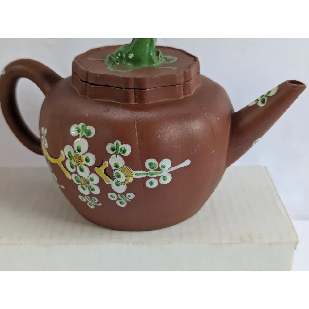Vtg Yixing Zisha Clay Teapot W/ Enamel Floral & Bird Design 5